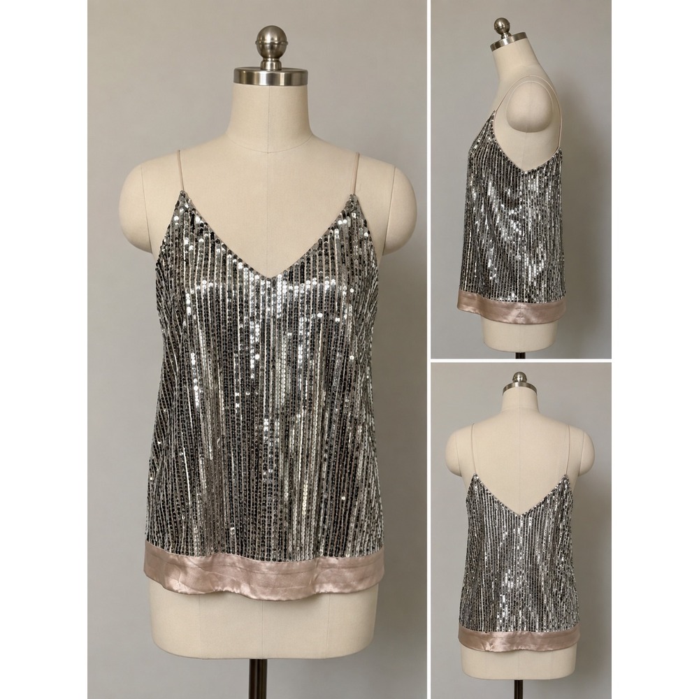 Polly Silver Sequin V-Neck Camisole Top Satin Trim Nude Lining Size 2 US